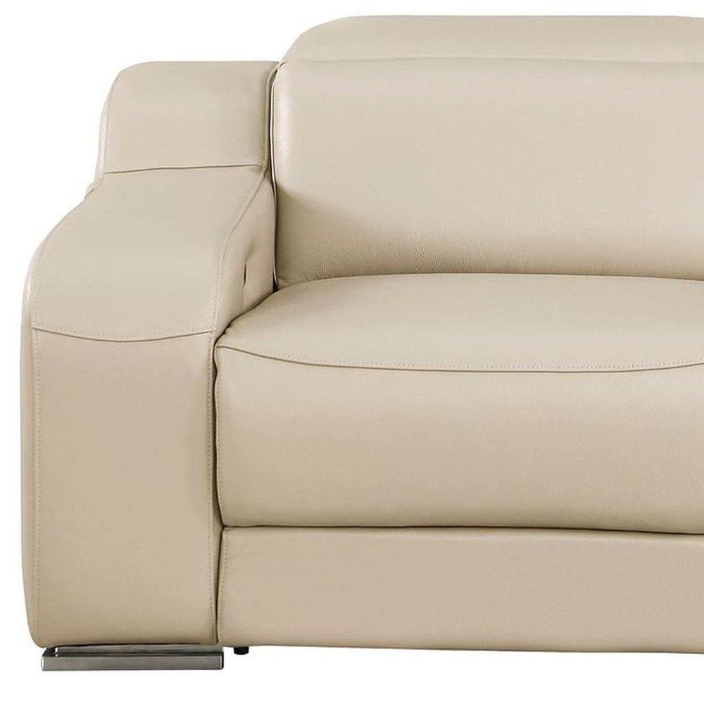 76" Beige and Silver Italian Leather Power Reclining Loveseat