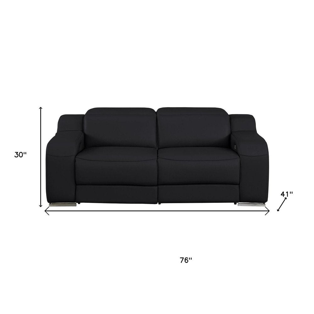 76" Black and Silver Italian Leather Power Reclining Loveseat