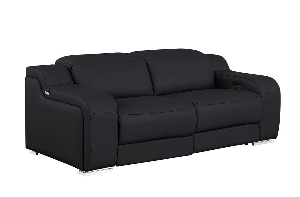 76" Black and Silver Italian Leather Power Reclining Loveseat
