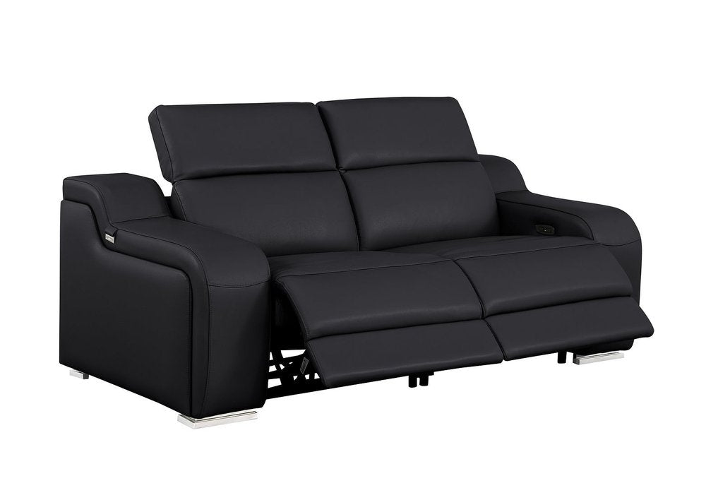 76" Black and Silver Italian Leather Power Reclining Loveseat