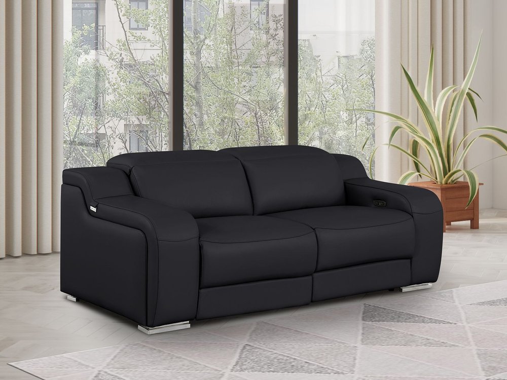 76" Black and Silver Italian Leather Power Reclining Loveseat
