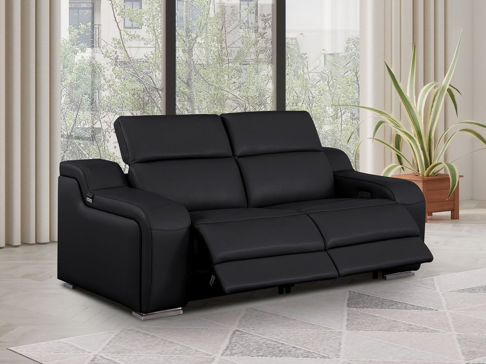 76" Black and Silver Italian Leather Power Reclining Loveseat