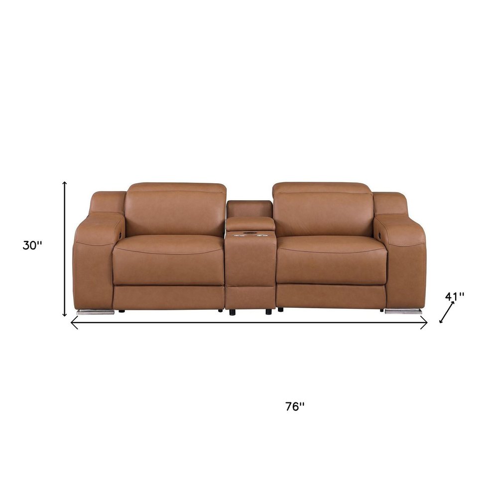 76" Cognac and Silver Italian Leather Power Reclining Loveseat With Storage