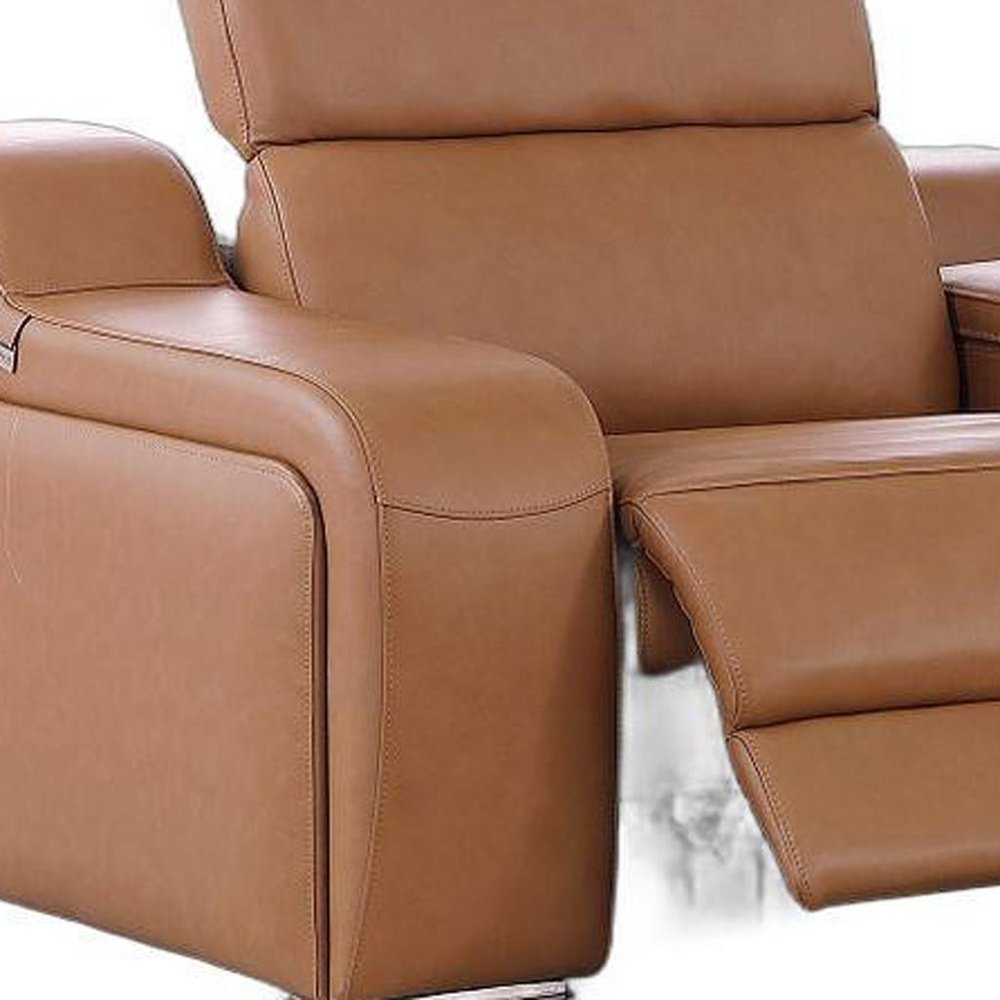 76" Cognac and Silver Italian Leather Power Reclining Loveseat With Storage