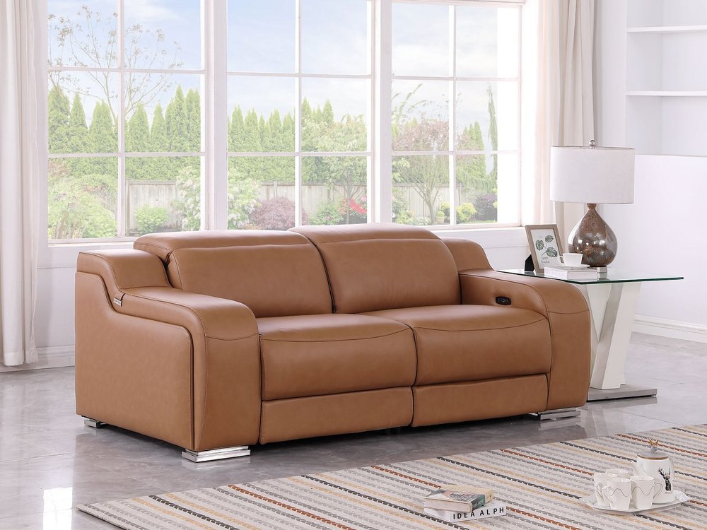 76" Cognac and Silver Italian Leather Power Reclining Loveseat With Storage