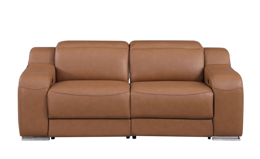 76" Cognac and Silver Italian Leather Power Reclining Loveseat With Storage