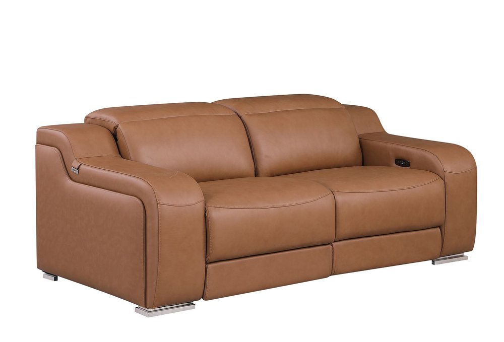 76" Cognac and Silver Italian Leather Power Reclining Loveseat With Storage