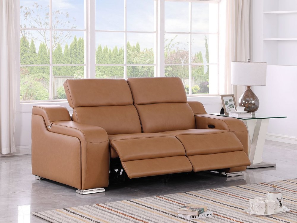 76" Cognac and Silver Italian Leather Power Reclining Loveseat With Storage