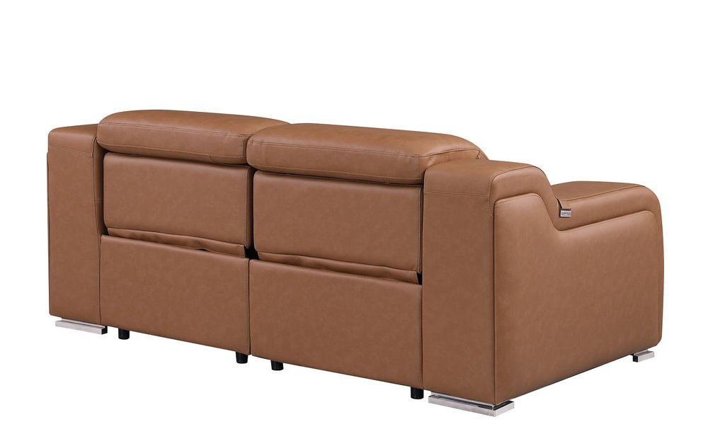 76" Cognac and Silver Italian Leather Power Reclining Loveseat With Storage