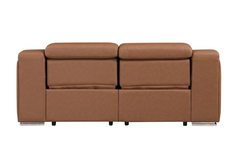 76" Cognac and Silver Italian Leather Power Reclining Loveseat With Storage