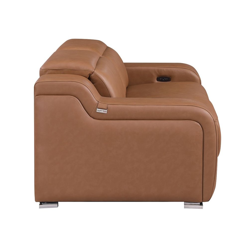 76" Cognac and Silver Italian Leather Power Reclining Loveseat With Storage
