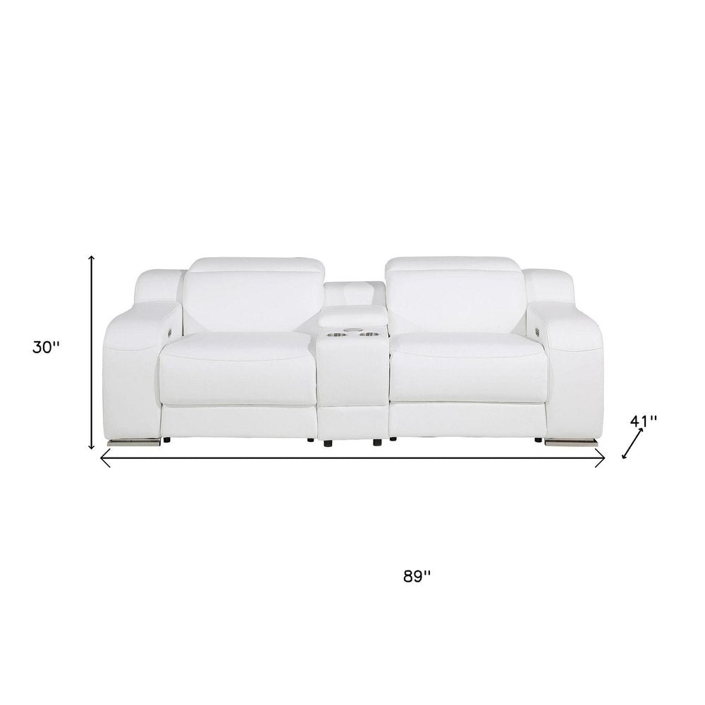 89" White and Silver Italian Leather Power Reclining Loveseat With Storage