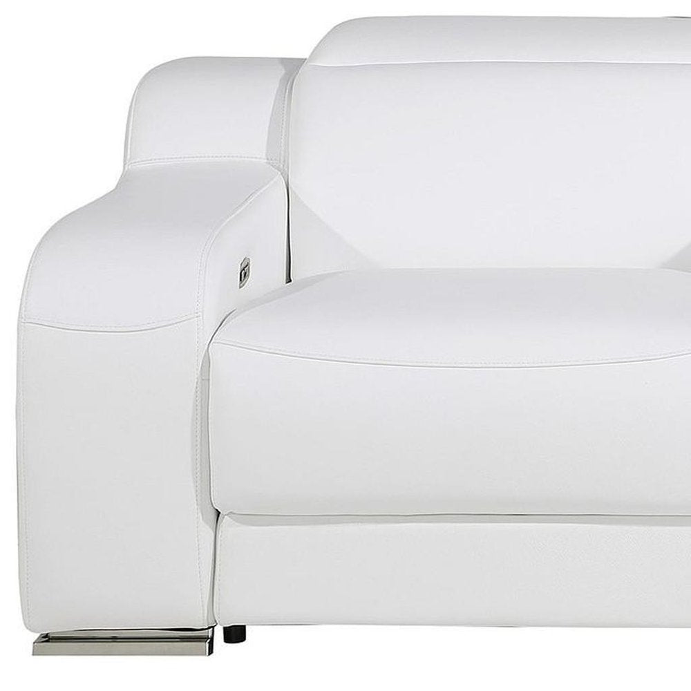 89" White and Silver Italian Leather Power Reclining Loveseat With Storage