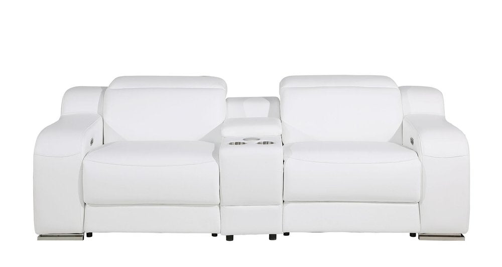 89" White and Silver Italian Leather Power Reclining Loveseat With Storage