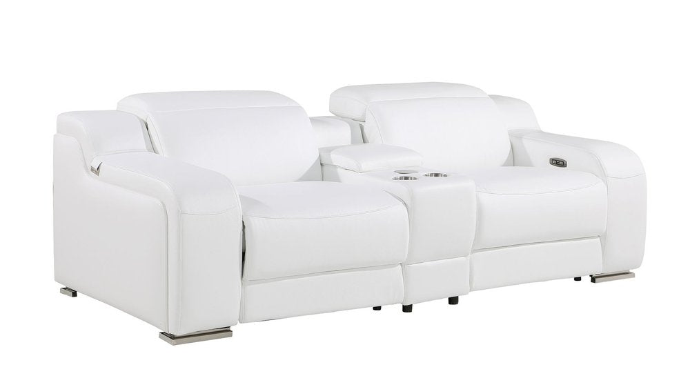 89" White and Silver Italian Leather Power Reclining Loveseat With Storage