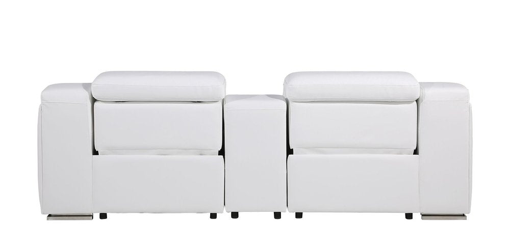 89" White and Silver Italian Leather Power Reclining Loveseat With Storage