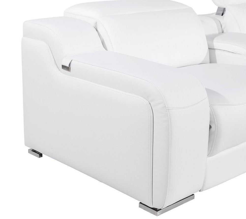 89" White and Silver Italian Leather Power Reclining Loveseat With Storage