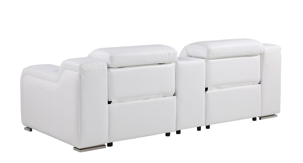 89" White and Silver Italian Leather Power Reclining Loveseat With Storage