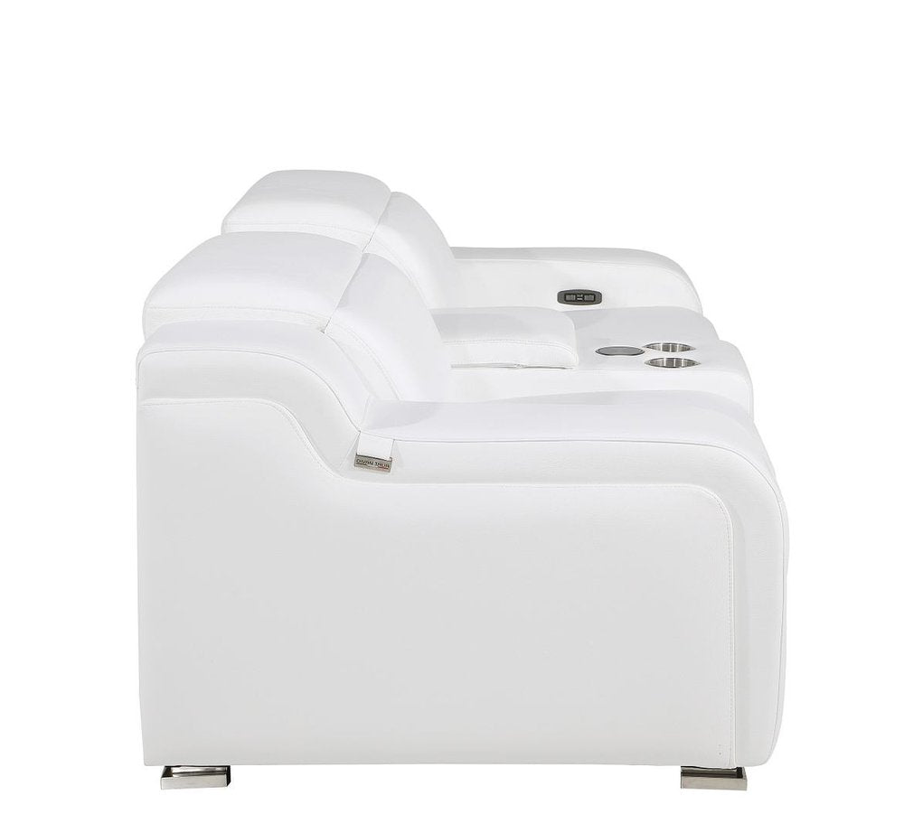 89" White and Silver Italian Leather Power Reclining Loveseat With Storage
