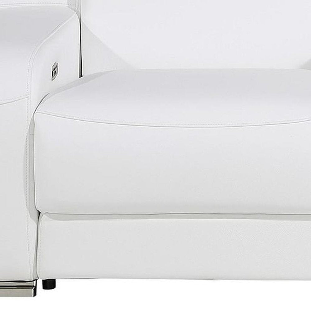 89" White and Silver Italian Leather Power Reclining Loveseat With Storage