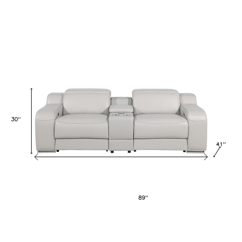 89" Light Gray and Silver Italian Leather Power Reclining Loveseat With Storage