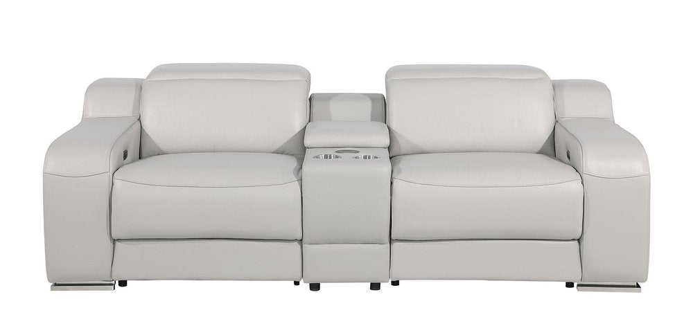 89" Light Gray and Silver Italian Leather Power Reclining Loveseat With Storage