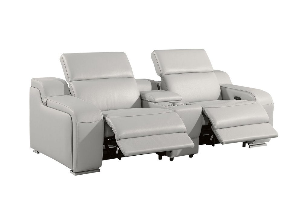 89" Light Gray and Silver Italian Leather Power Reclining Loveseat With Storage