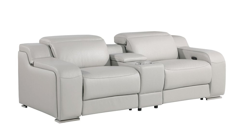 89" Light Gray and Silver Italian Leather Power Reclining Loveseat With Storage