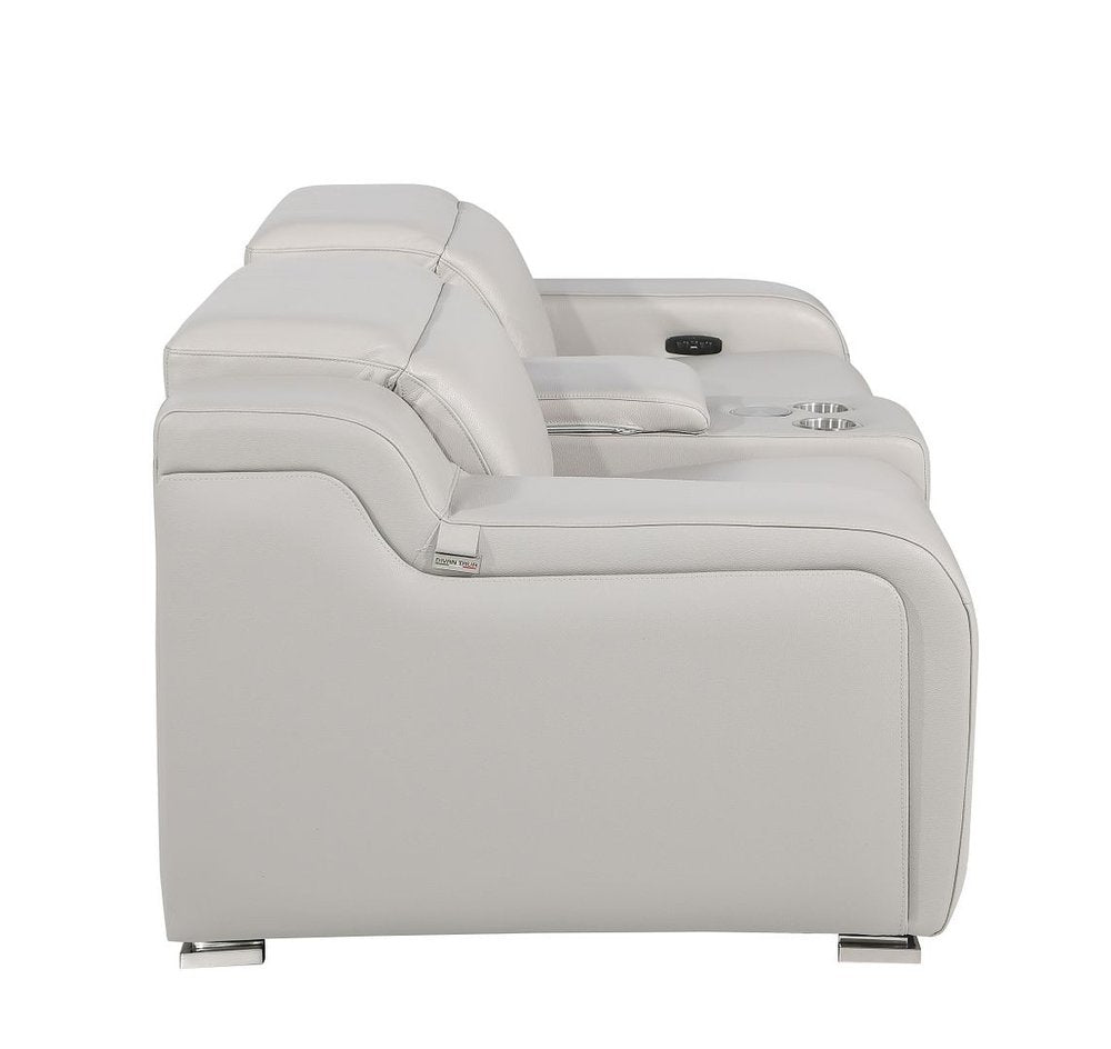 89" Light Gray and Silver Italian Leather Power Reclining Loveseat With Storage