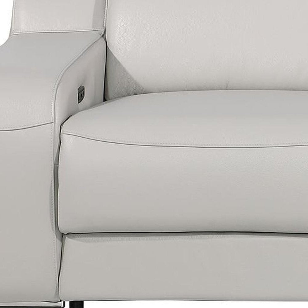 89" Light Gray and Silver Italian Leather Power Reclining Loveseat With Storage