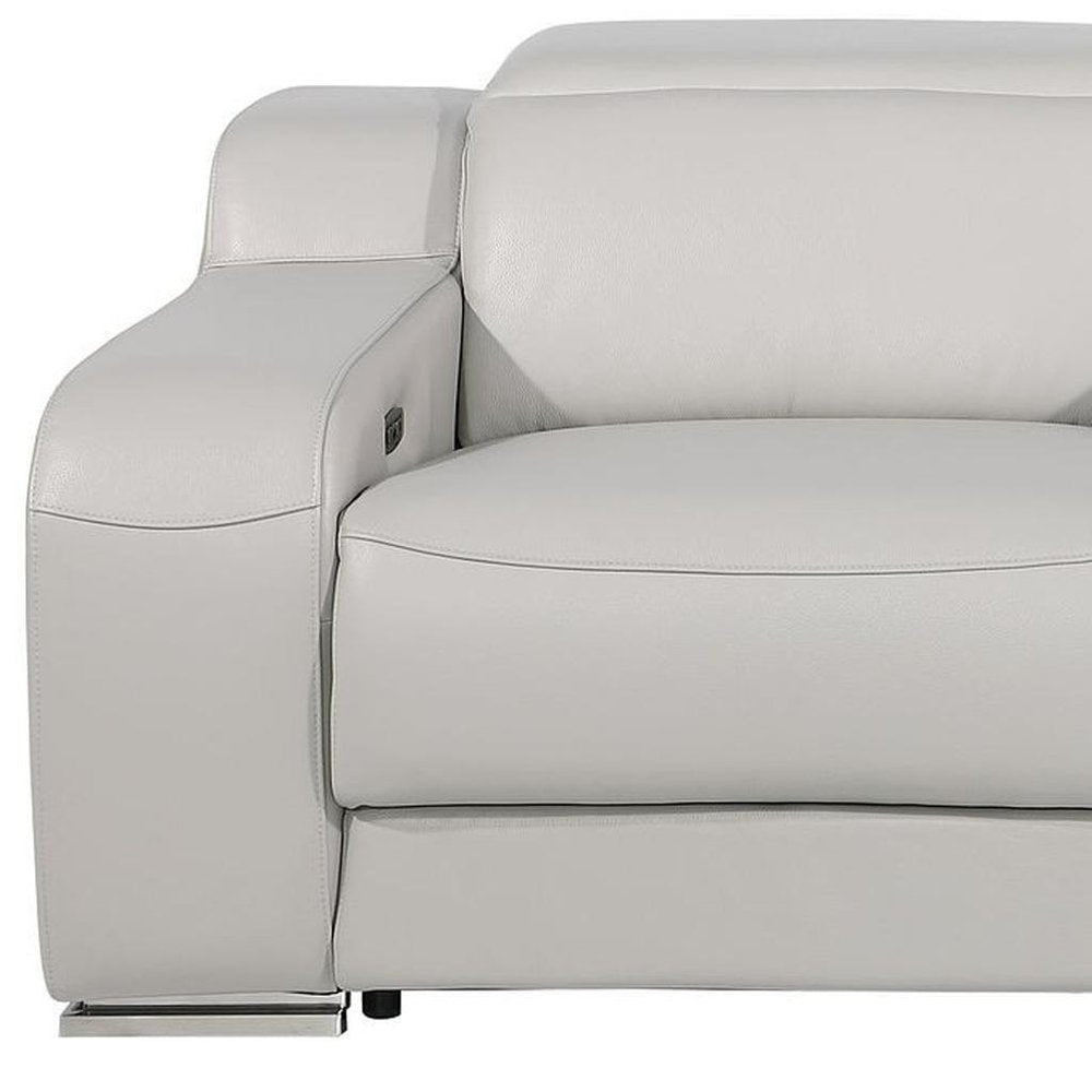89" Light Gray and Silver Italian Leather Power Reclining Loveseat With Storage