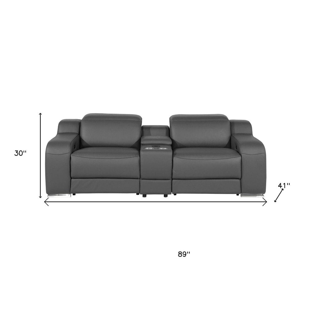 89" Dark Gray and Silver Italian Leather Power Reclining Loveseat With Storage