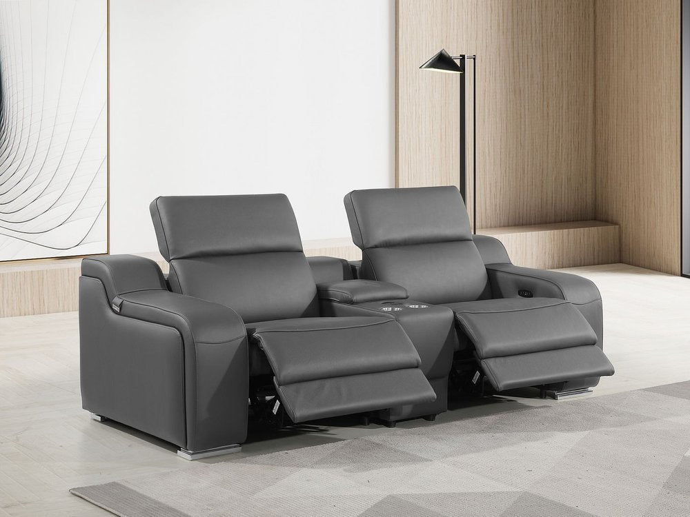 89" Dark Gray and Silver Italian Leather Power Reclining Loveseat With Storage