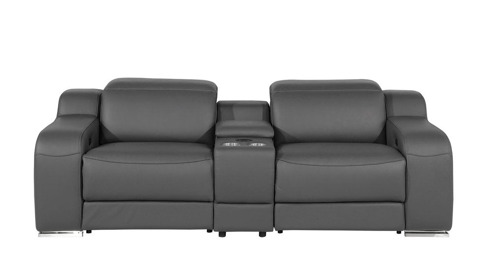 89" Dark Gray and Silver Italian Leather Power Reclining Loveseat With Storage