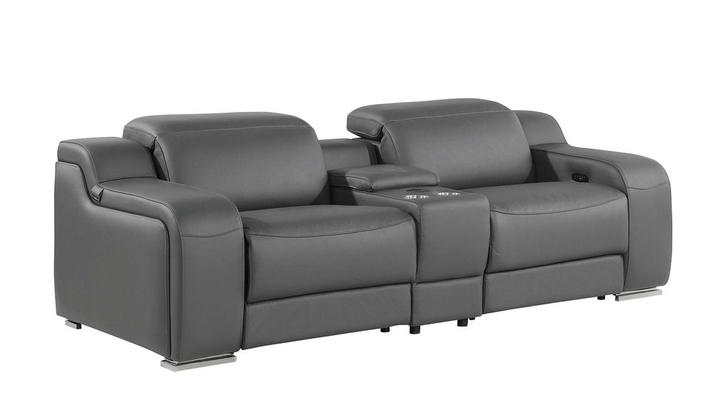 89" Dark Gray and Silver Italian Leather Power Reclining Loveseat With Storage