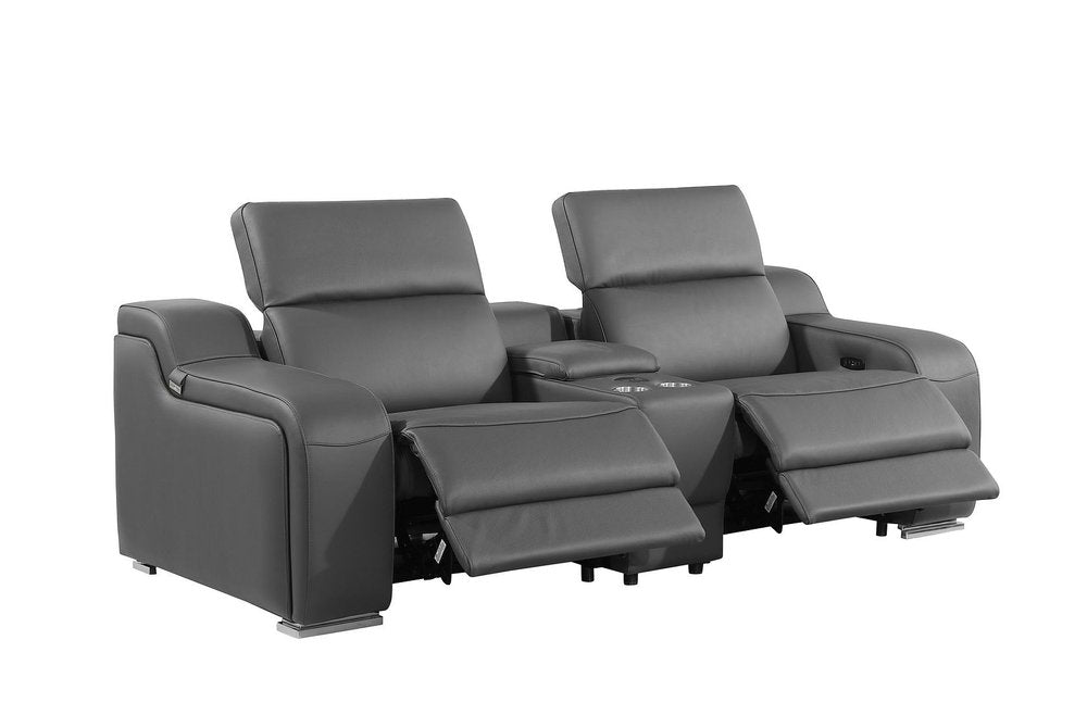89" Dark Gray and Silver Italian Leather Power Reclining Loveseat With Storage