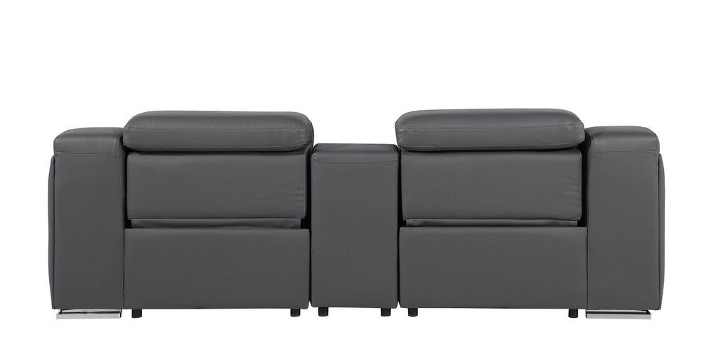 89" Dark Gray and Silver Italian Leather Power Reclining Loveseat With Storage