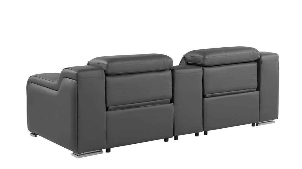 89" Dark Gray and Silver Italian Leather Power Reclining Loveseat With Storage