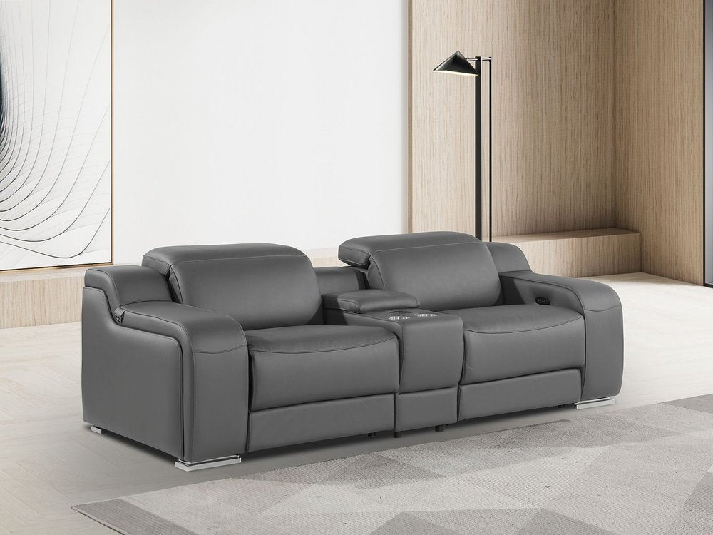 89" Dark Gray and Silver Italian Leather Power Reclining Loveseat With Storage