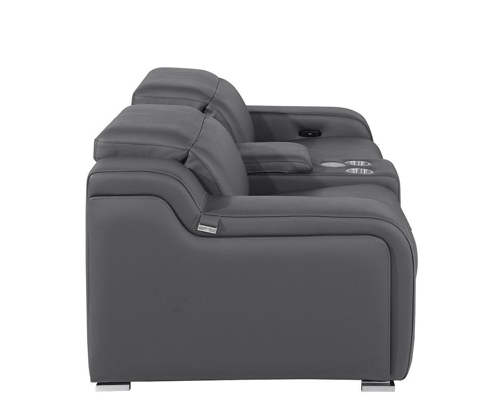 89" Dark Gray and Silver Italian Leather Power Reclining Loveseat With Storage