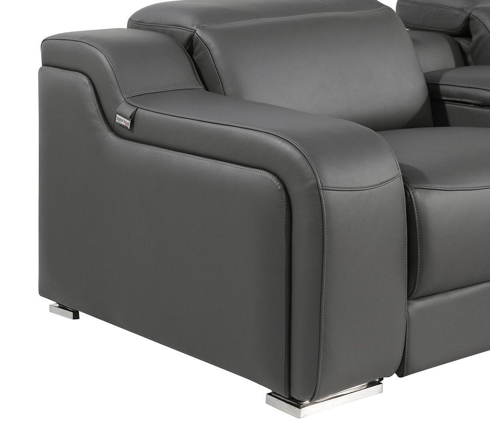 89" Dark Gray and Silver Italian Leather Power Reclining Loveseat With Storage