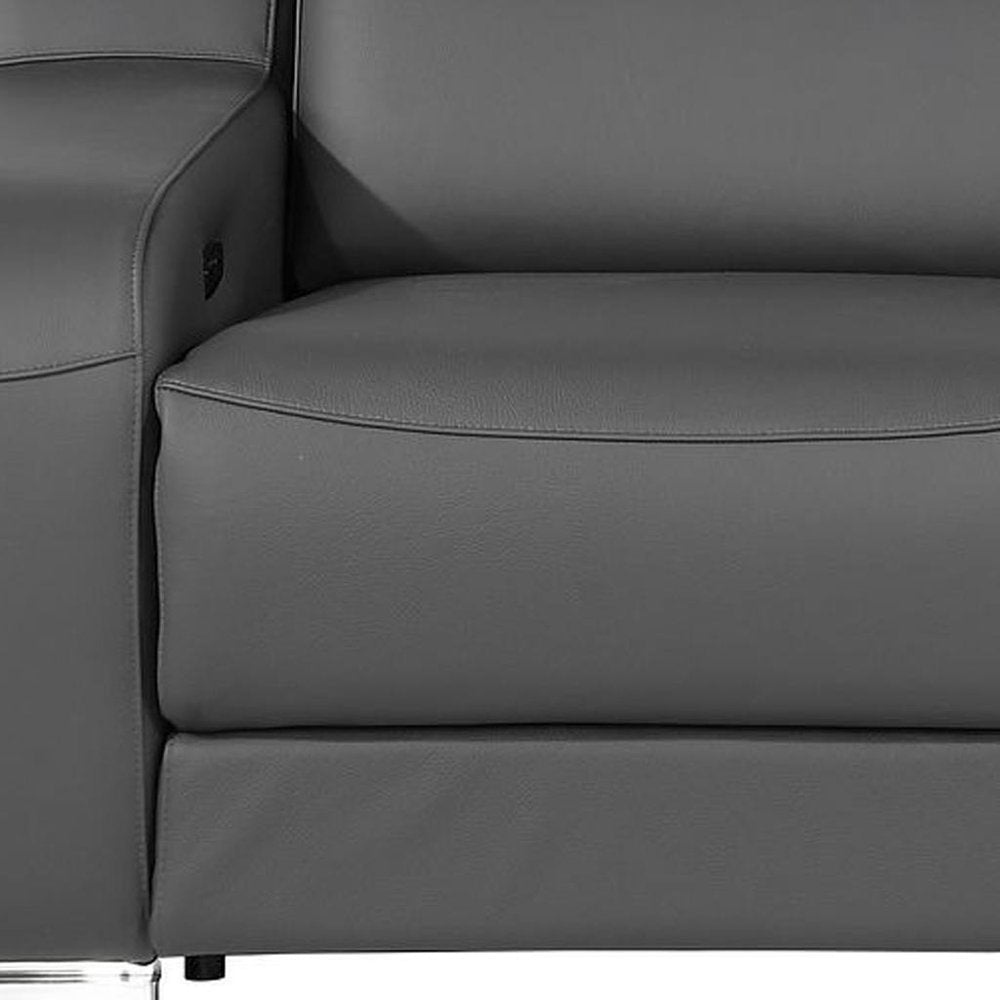 89" Dark Gray and Silver Italian Leather Power Reclining Loveseat With Storage