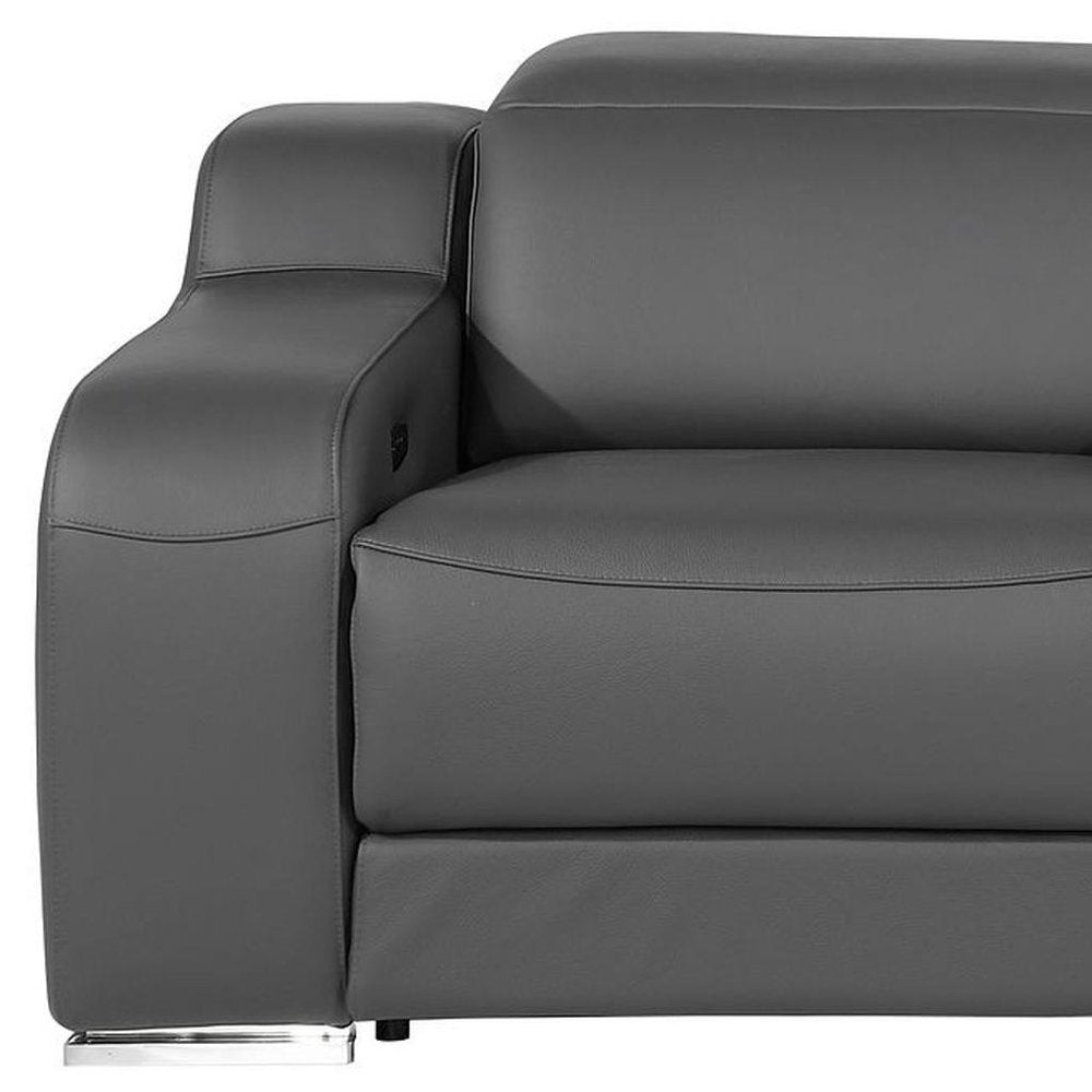 89" Dark Gray and Silver Italian Leather Power Reclining Loveseat With Storage