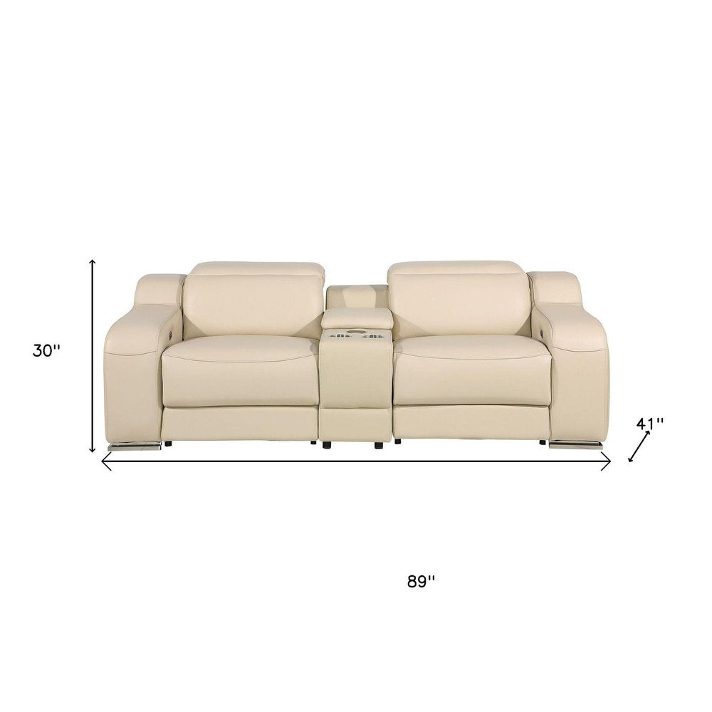 89" Beige and Silver Italian Leather Power Reclining Loveseat With Storage