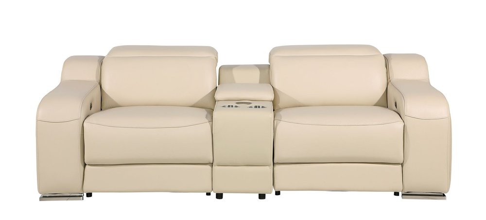 89" Beige and Silver Italian Leather Power Reclining Loveseat With Storage