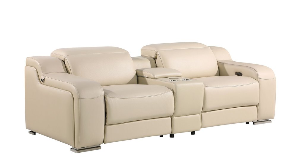 89" Beige and Silver Italian Leather Power Reclining Loveseat With Storage