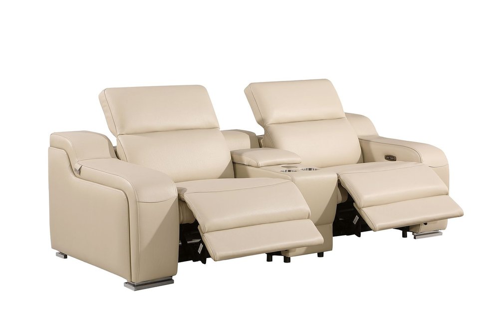 89" Beige and Silver Italian Leather Power Reclining Loveseat With Storage