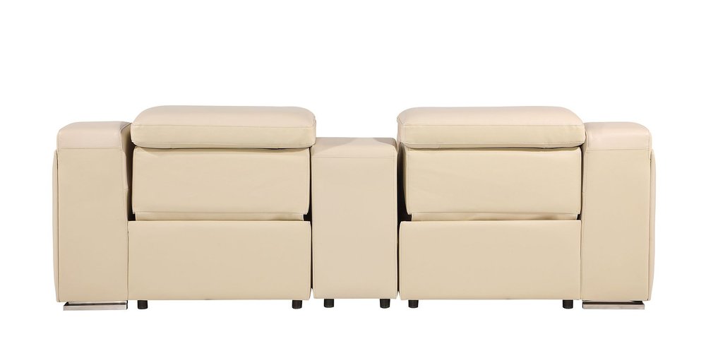 89" Beige and Silver Italian Leather Power Reclining Loveseat With Storage