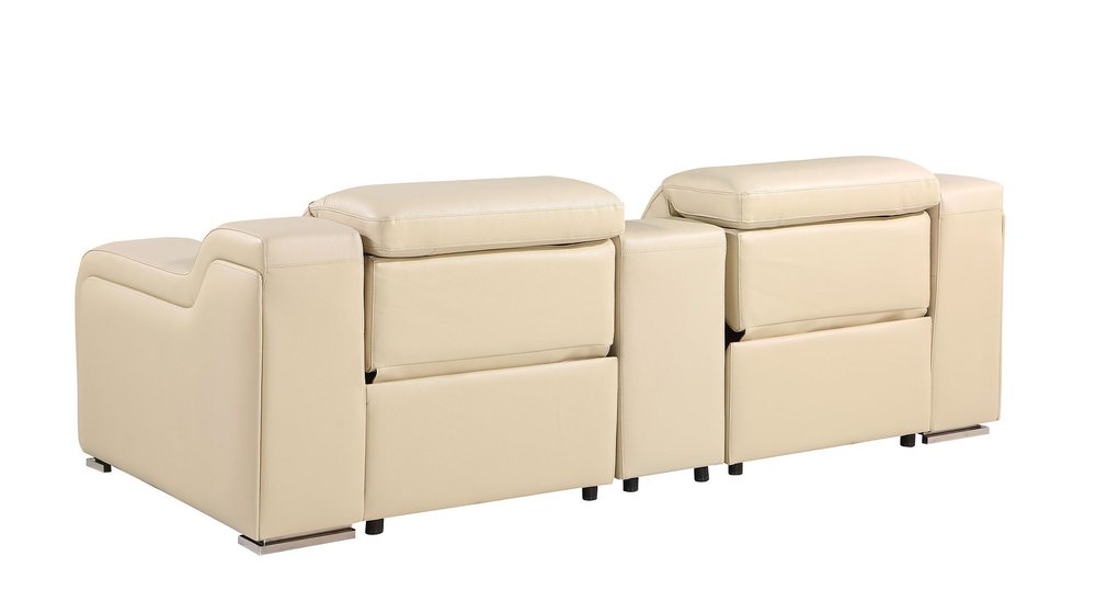 89" Beige and Silver Italian Leather Power Reclining Loveseat With Storage