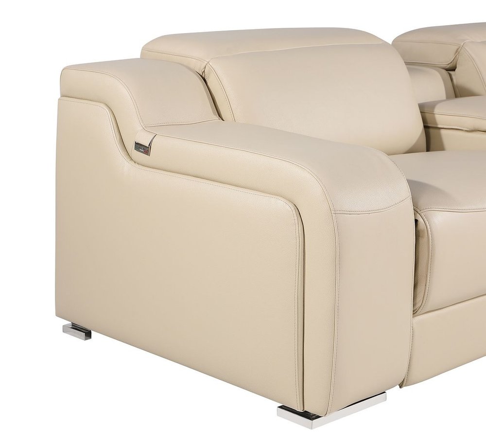 89" Beige and Silver Italian Leather Power Reclining Loveseat With Storage